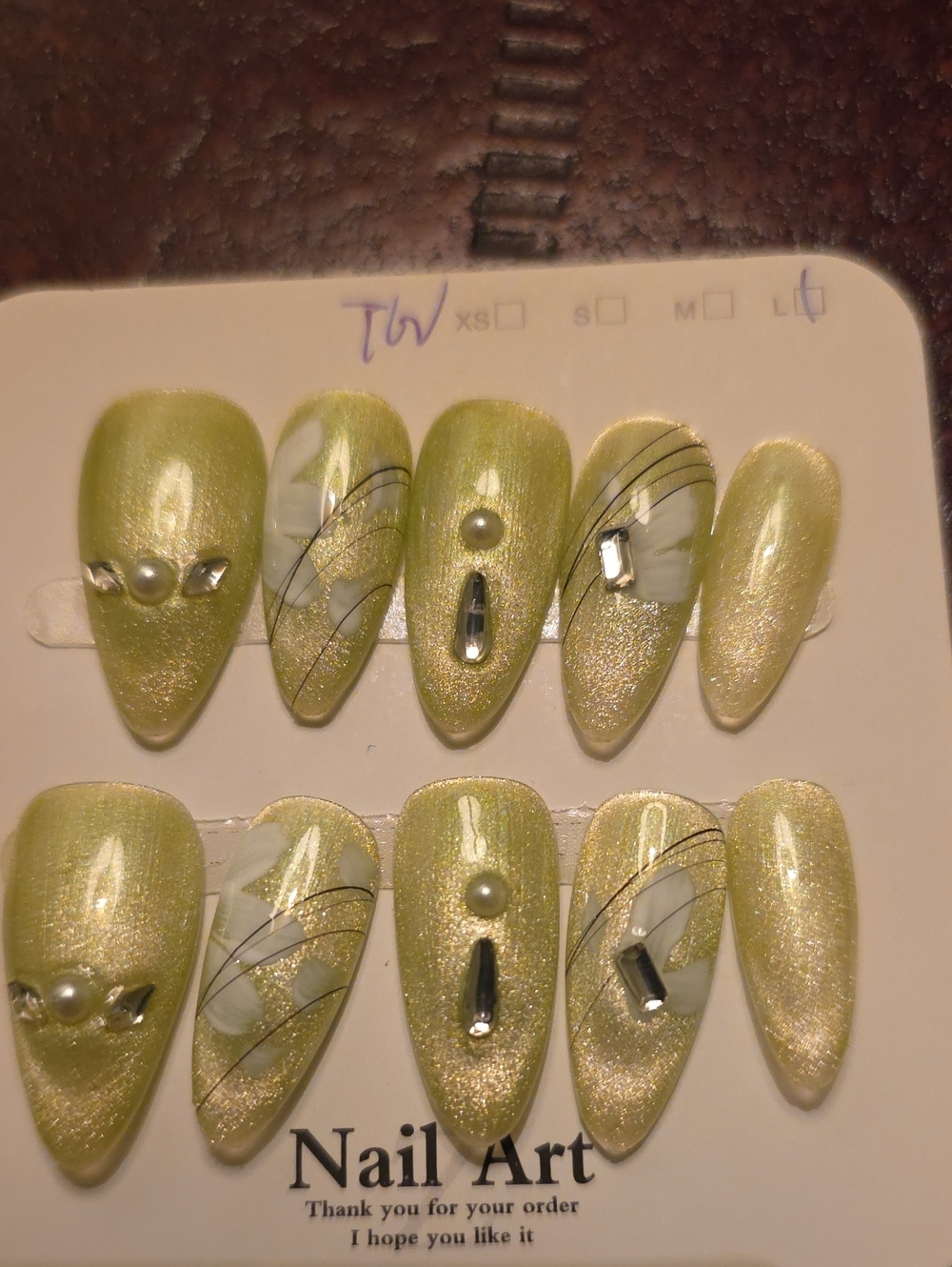 Green Shimmer Press-On Set with Pearl & Gem Accents Size Large